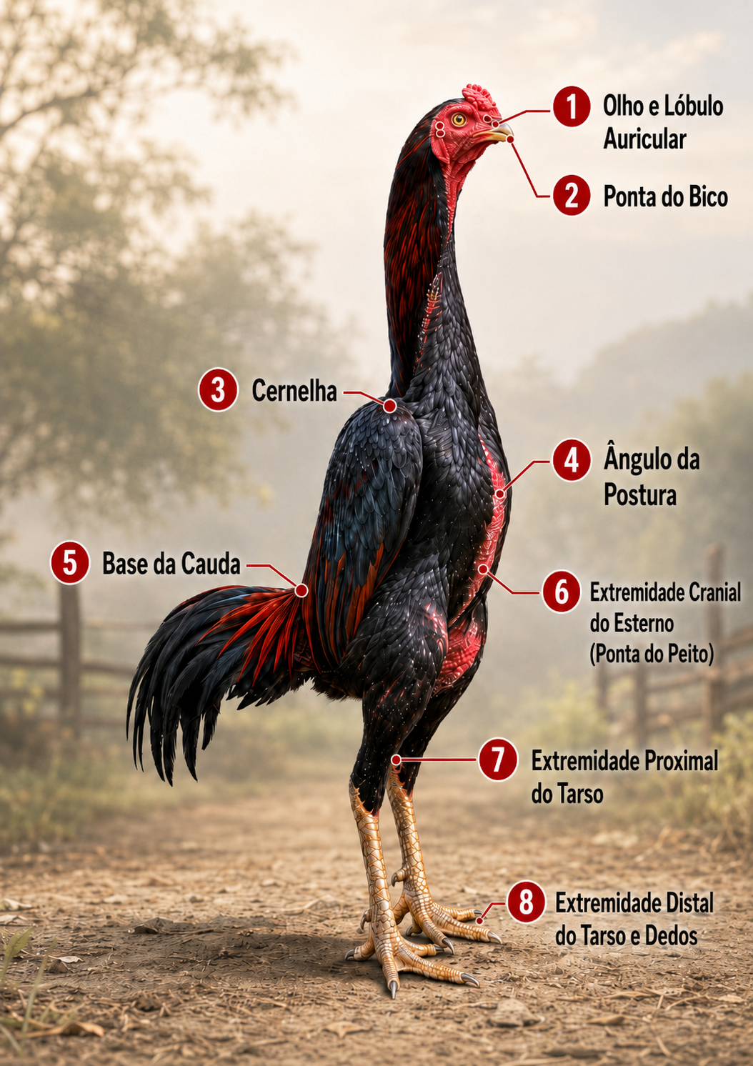 Ilustração de referência da anatomia do galo Shamo, com os pontos citados no padrão racial: 1 olho e lóbulo auricular, 2 ponta do bico, 3 cernelha, 4 ângulo da postura, 5 base da cauda, 6 extremidade cranial do esterno (ponta do peito), 7 extremidade proximal do tarso, 8 extremidade distal do tarso e dedos.